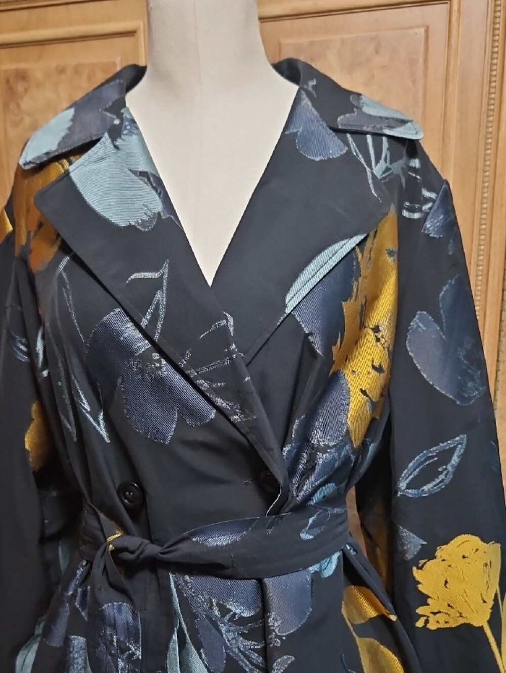 Chico's Stunning Black Trench Coat with Blue & Gold Floral Print - Picture 2 of 11